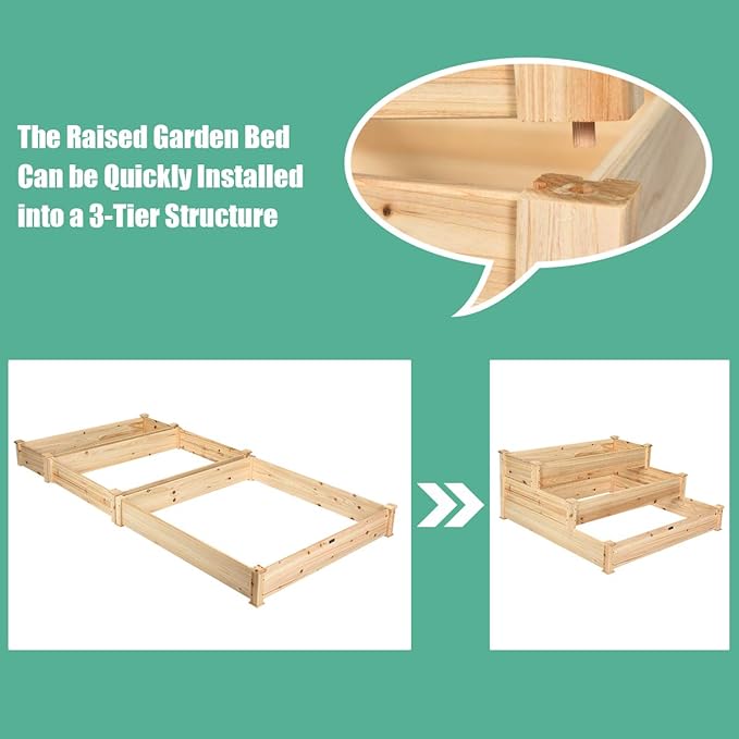 S AFSTAR 3-Tier Raised Garden Bed Wood Elevated Planter Box with 3 Dividable Bed Kit Outdoor Above Ground Garden Beds for Plants Herbs Vegetables Stackable &amp Flat Arrangement 49L x 49W x 22