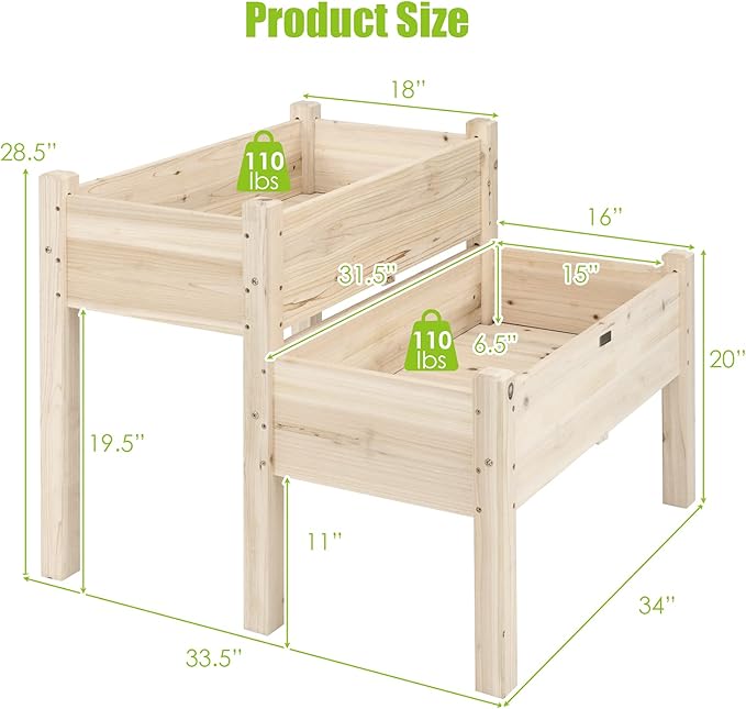 Giantex Set of 2 Raised Garden Bed Elevated Wood Planter Box Raised Bed Kit for Flowers Vegetables Fruits Herbs Outdoor Planting Container Patio Balcony Yard (Natural)