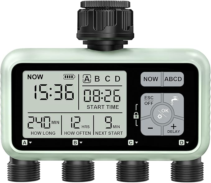 Watering Timer 4 Zone Sprinkler TimerProgrammable Garden Outdoor Hose Faucet Timer with Rain Delay/Manual/Automatic Watering SystemWater Hose Irrigation Timers 4 Outlet for Garden