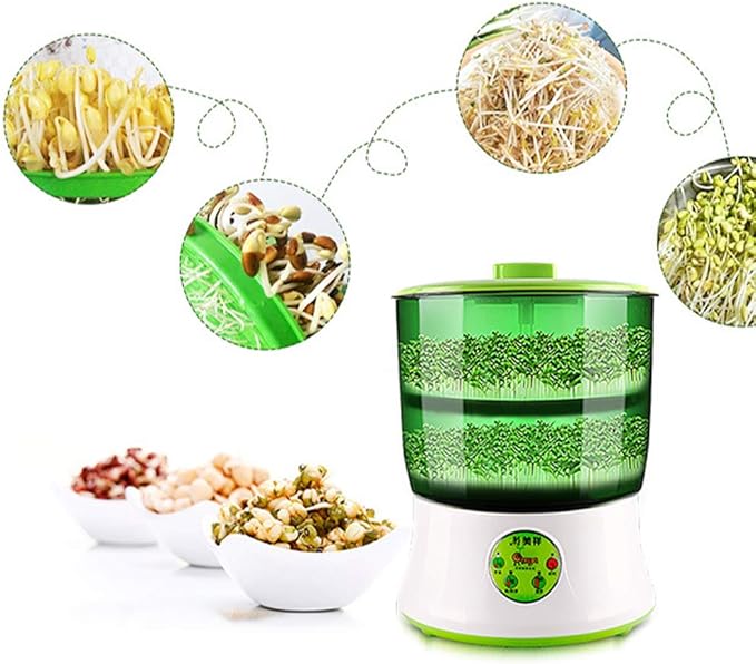 Bean Sprouts Machine Automatic Sprouts Growing Kit 2 Layers Auto Household Bean Seed Cereal Sprouts Machine 360° Sprinkler 3 Seasons Modes for Radish Wheatgrass Broccoli Sprouts 110V