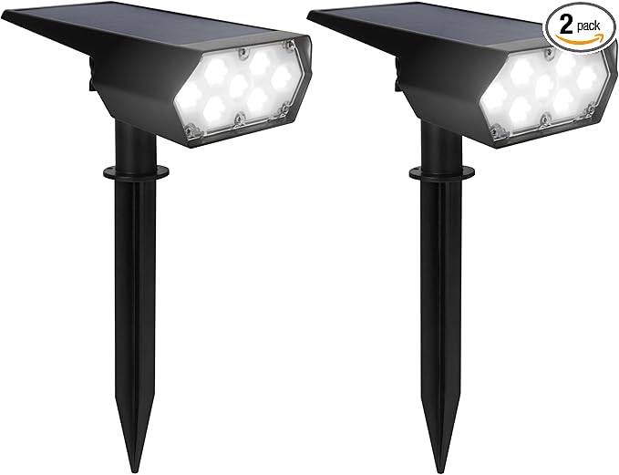 TECHKO Outdoor Solar Spotlight with Wall-Mount &amp Ground-Stake Dusk-to-Dawn Outdoor Waterproof IP65 Multiple Lighting Modes Solar Powered Garden Yard Spot Lights for Outside Landscape (2-Pack)