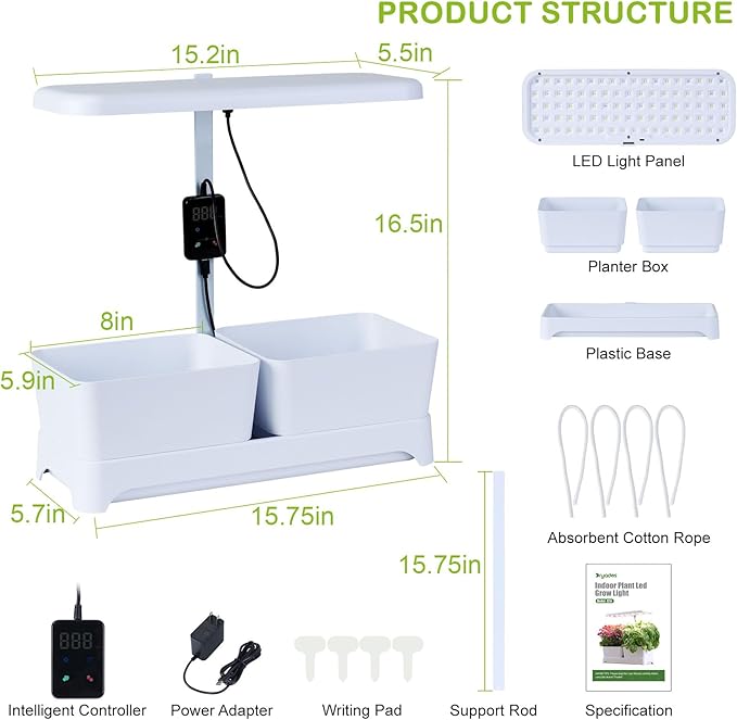 Indoor Garden Led Grow Light Full Spectrum LED Grow Lamp for Indoor Plants with Intelligent Controller Height Adjustable Ideal for Home Desk Plant Lighting (White 16 * 6.3 * 7.1 inch)