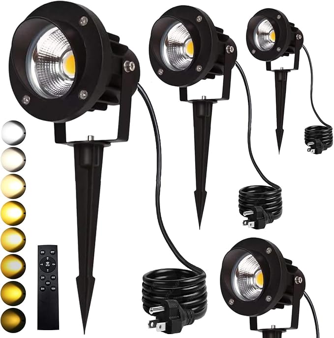 LED Outdoor Spot Lights120V Landscape Lighting Outdoor Spotlight With Plug Cord  2700K-6500K Stepless Dimmable Landscape Light with Timer and Remote for Yard Garden Pathway flag (18W Pack 4)