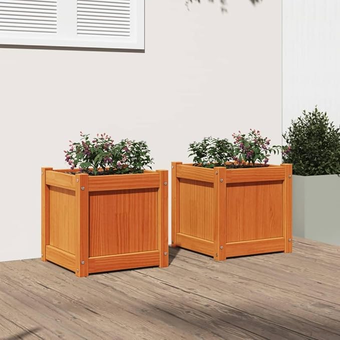 Set of 2 Square Raised Planter Box 15.7 inch Solid Pine Wood Wax Brown Outdoor Patio Flower Bed for Garden Balcony and Terrace