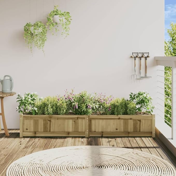 Large Garden Planter Natural Pine Vacuum Pressure Treated Pinewood 71.9x71.9x12.2 Inch Rectangular Outdoor Raised Bed for Flowers Herbs