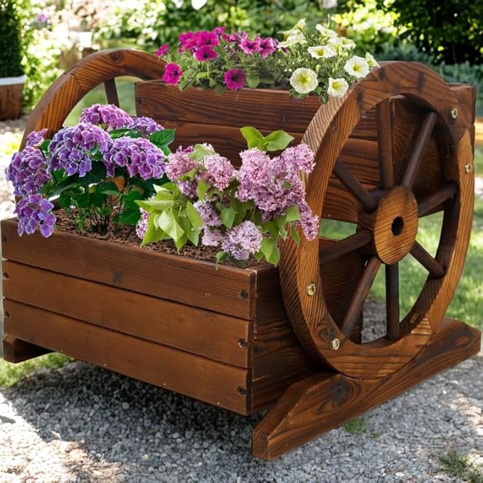 2-Tier Wooden Wagon Planter Box Raised Garden Bed for Outdoor Durable Planter Boxes Outdoor Raised Flower Bed for Flowers Vegetables and Herbs Easy Assembly Ideal for Gardens and Patios (Brown)
