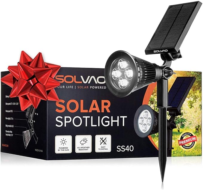 SOLVAO Solar Spot Light | Ultra Bright Waterproof Adjustable 270° No Wiring Portable | Auto On/Off Function | Rechargeable LED for Outdoor Landscape Wall Fence Yard Driveway Outside