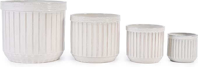 Handmade White Ceramic Planter Set of 4 681012 Inch Diameter Vertical Line Pattern for Succulents Cacti IndoorOutdoor Use on Windowsill Bookshelf Breathable Material