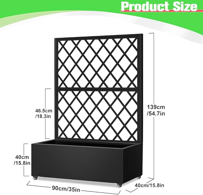 Metal Planter Box with Privacy Screen TrellisGalvanized Raised Garden Bed On Wheels for Climbing Plants Vines Standing Garden Flower Bed with Drainage Holes (Black 35 L x16 W x 55 H)