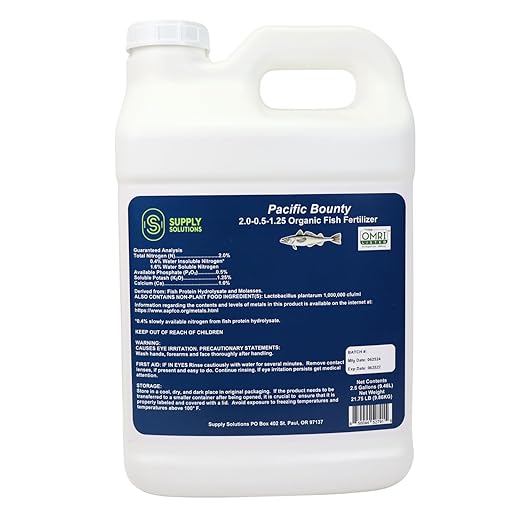 Pacific Bounty Organic Liquid Fish Fertilizer – OMRI Listed Wild Fish Ferment – Hydrolyzed Emulsion with Beneficial Microbes for Fruits Vegetables Flowers Shrubs – 2.0-0.5-1.25 NPK (2.5 Gallon)