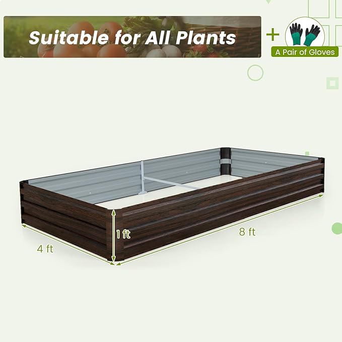 Giantex 8x4x1ft Metal Raised Garden Bed Planter Box with Protective Edges Gloves Outdoor Raised Bed for Vegetables Flowers Fruit Herb Plant Garden Container for Lawn Backyard Patio