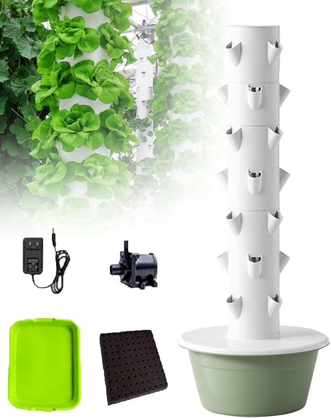 Vertical Hydroponic TowerSmart Hydroponic Growing Syst-emSoilless Cultivation Vertical Hydroponic Garden Towerwith Pump and Movable Water Tankfor Indoor Herbs Fruits and Vegetables7Layers