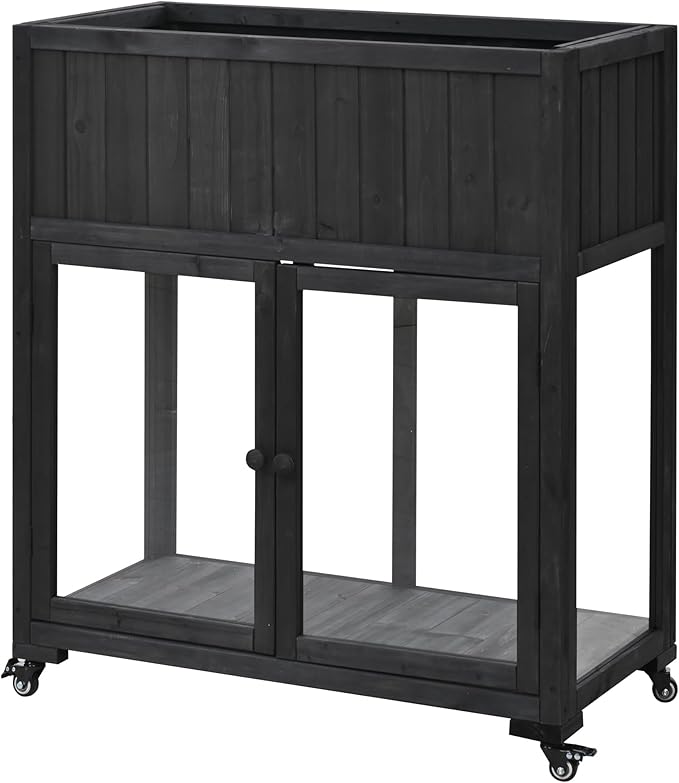 Christopher Knight Home Belfast Small Patio Cold Frame Fir Wood Greenhouse Compact 2 Doors Garden Greenhouse with Wheels Raised Bed with Liner Cold Frame Potting Cabinet for Balcony Yard Black