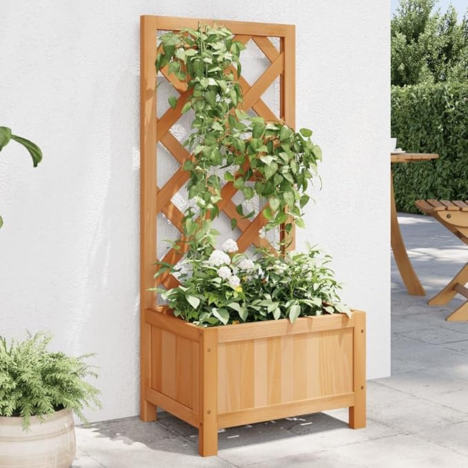 Solid Fir Wood Planter Box with Integrated Trellis 15.7 x 11.8 x 35.4 in Brown Raised Garden Bed for Climbing Plants Patio Balcony Outdoor