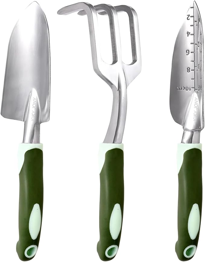 3 PCS Heavy Duty Aluminum Gardening Tool Set for Men &amp Women Including Hand Shovel Hand Rake &amp Transplanter Trowel with Soft Rubberized Non-Slip Ergonomic Handle