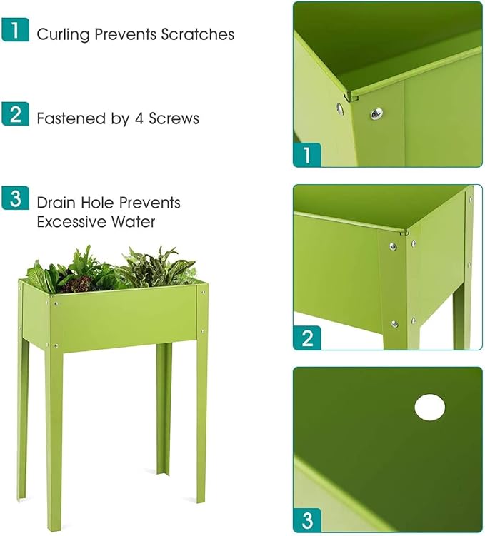 Raised Garden Bed Elevated Raised Planter w/Ample Planting Space Galvanized Planter Box w/2 Bottom Drainage Holes for Fruits Flowers &amp Vegetables in Outdoors &amp Indoors (25 x 13 x 31.5)
