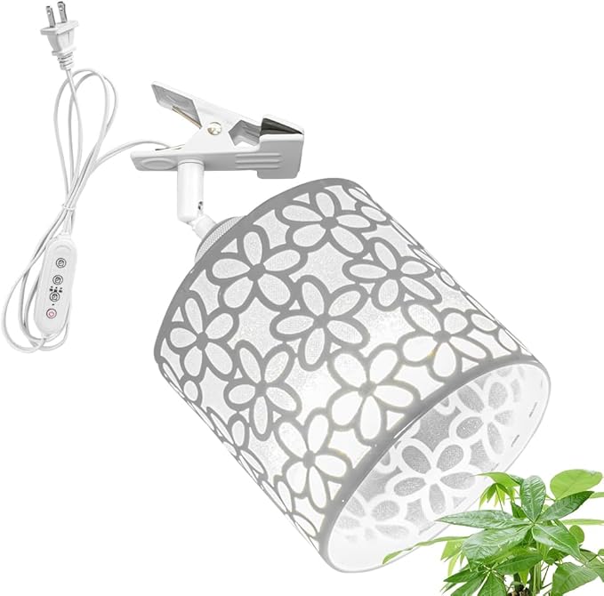Clip Mount 5.9Ft Plug in Timing Cord Plant Light Full Spectrum White Light White Base White Metal Flower Pattern Shade Adjusted Angle Simple Clamp Light for Indoor Plants