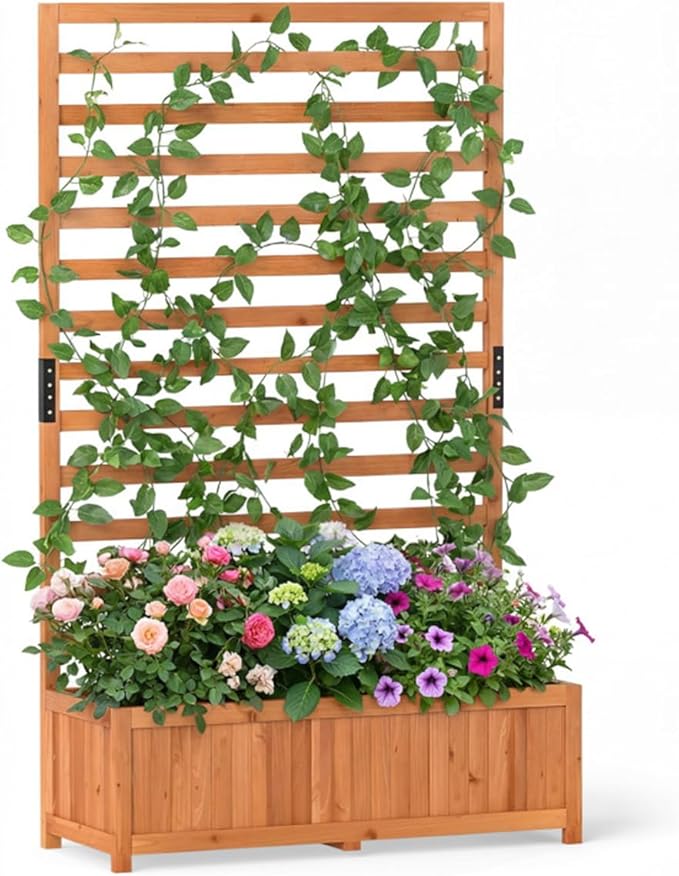 Fir Wood Raised Garden Bed with Trellis 91.44×35.56×149.86 cm Orange Planter Box with Drainage Liner 88 lbs Capacity for Climbing Plants