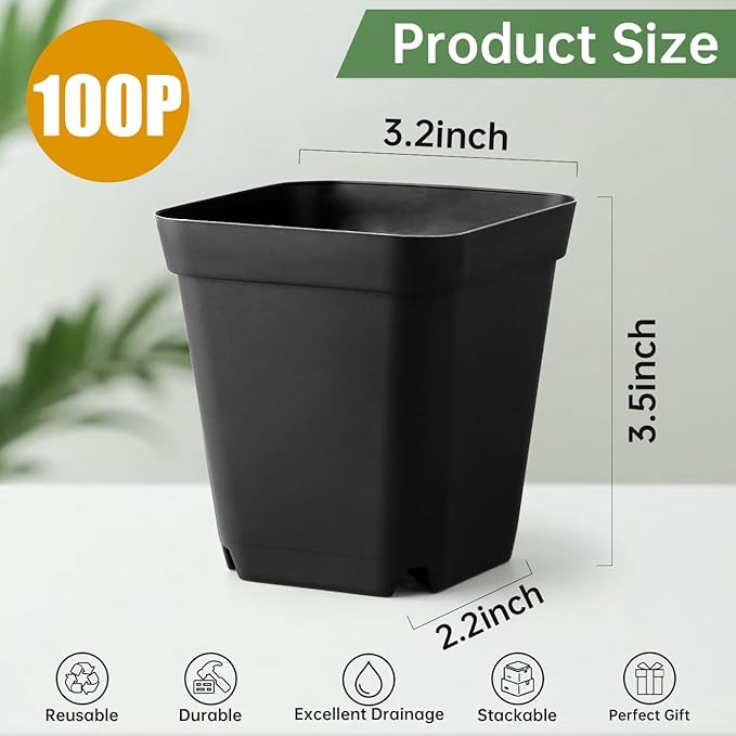 100 Pack Plant Nursery Pots 3.15 Inch Durable Square Seedling Pots with Drainage Holes Reusable Small Plastic Flower Pots for Seed Starting Transplanting Herb Garden