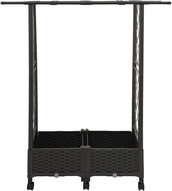 DYNAMI Raised Garden Bed with Wheels and Sided Trellis &amp Hanging RoofMultifunctional Rolling Planter Box Outdoorwith Drainage Holes31.5”x15.7”x51” (L x W x H)