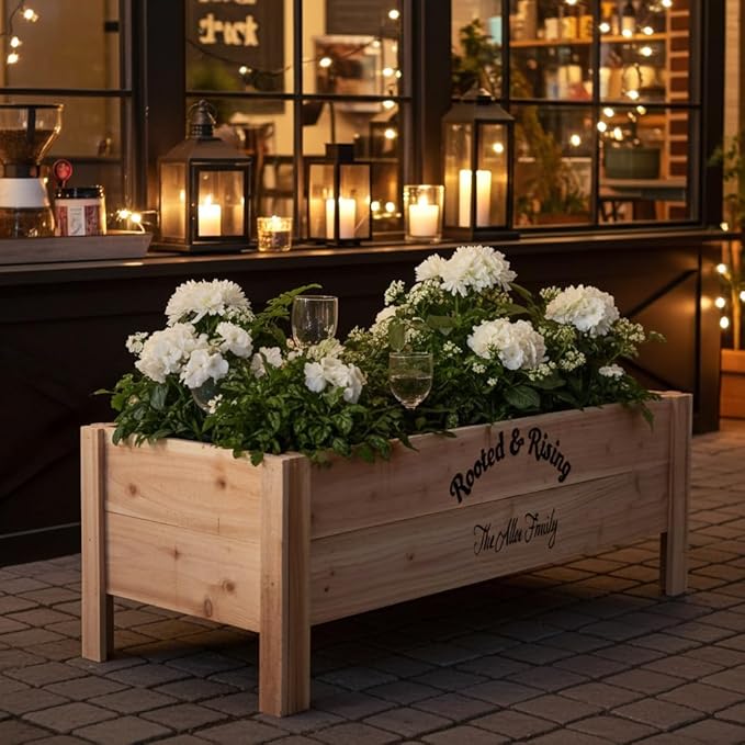 Personalized Cedar Raised Planter Box – Custom Engraved Wooden Garden Boxes for Weddings Events Restaurants &amp Coffee Shops Handmade in USA
