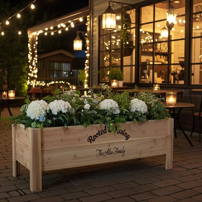 Personalized Cedar Raised Planter Box – Custom Engraved Wooden Garden Boxes for Weddings Events Restaurants &amp Coffee Shops Handmade in USA