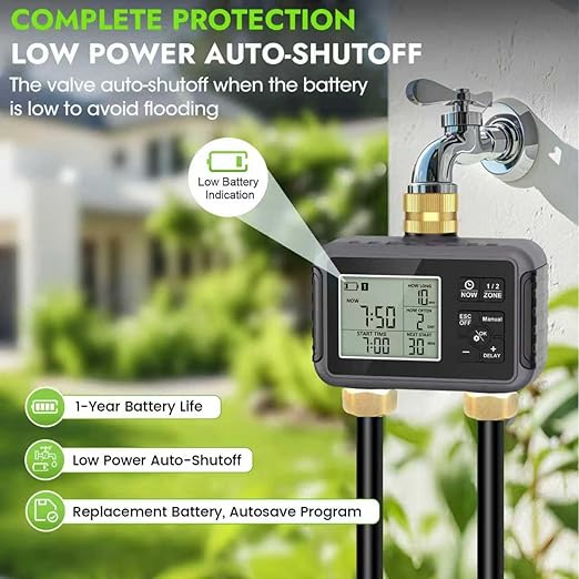 120FT Drip Irrigation System with Smart Water Timer – Automatic Garden Watering Kit with Dual Metal Tube Brass Connectors 360° Adjustable Nozzles &amp Bendable Tubing for Garden Greenhouse &amp La