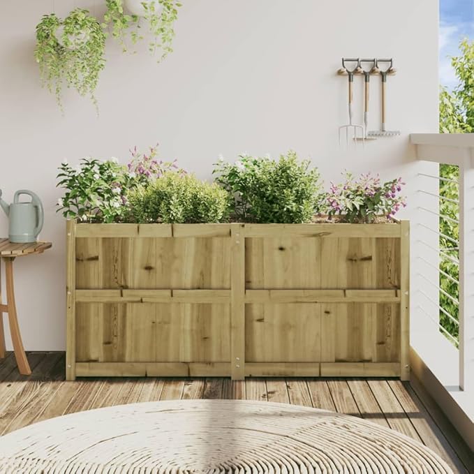 Garden Planter Treated Wood Vacuum Pressure Impregnated Pinewood 59.1x59.1x27.6 Inch Rectangular Raised Garden Bed for Outdoor Plants Weathered Finish