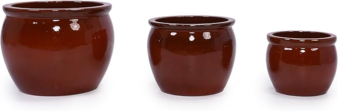 Handmade Rust Red Ceramic Plant Pots Set of 3 15129 Inch Diameter Indoor Outdoor Flower Pots for Tables Couchside Balcony Garden Breathable Clay with Drainage Hole
