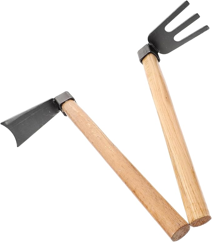 2pcs Gardening Tool Set Wooden Handle Digging Hoe and Steel Rake for Soil Loosening and Weeding in Garden and Vegetable Beds