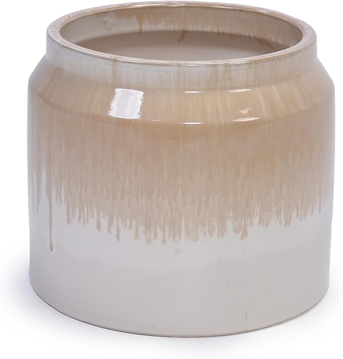 Handmade Non Porous Ceramic Planter Set of 2 6 8 Diameter Beige Drip Glaze for Aquatic Plants IndoorOutdoor Shelf Desk Use Breathable Clay