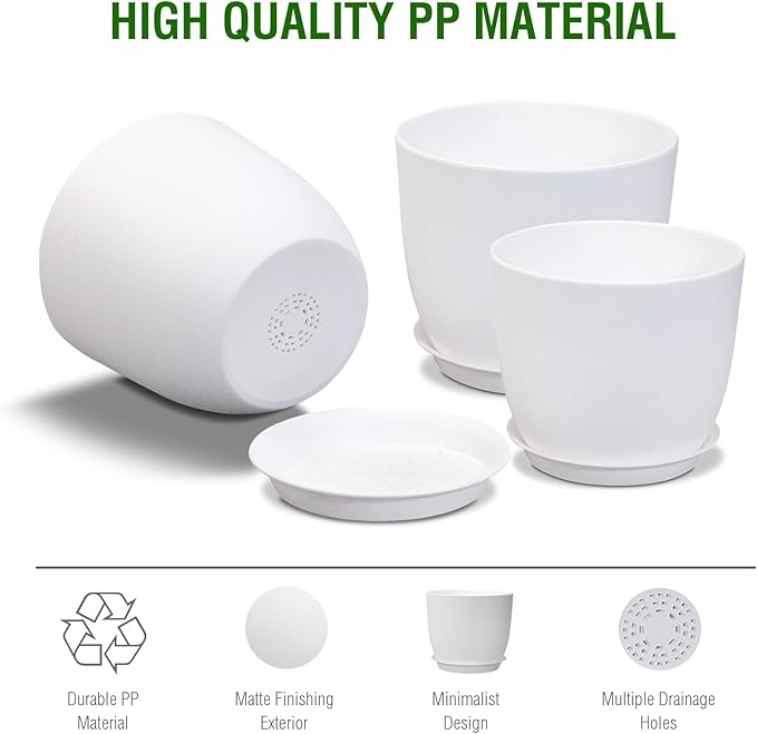 WOUSIWER Plant Pots 10/9/8 inch Set of 3 Modern Decorative Plastic Planters with Drainage Holes and Saucers for House Plants Indoor Flowers Plants White