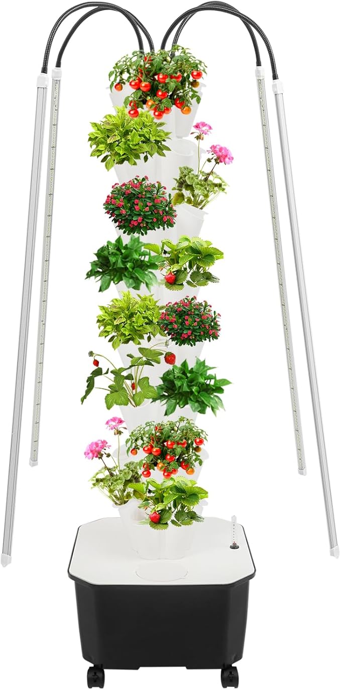 Hydroponic Growing System Tower 80W 40 Plants 8-Layer Hydroponic Tower with LED Light Vertical Hydroponics Garden Tower for Herbs Vegetables Fruits with Pump &amp Water Level Gauge (White)