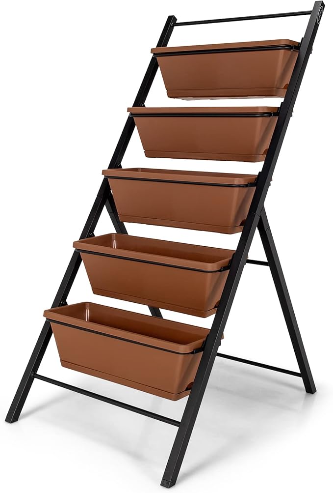 Giantex Vertical Planter Raised Bed Elevated Garden Beds with Water Drainage Hole Freestanding 5 Container Boxes for Herb Vegetables Flowers Growing Outdoor Indoor Patio Balcony (Brown 1)