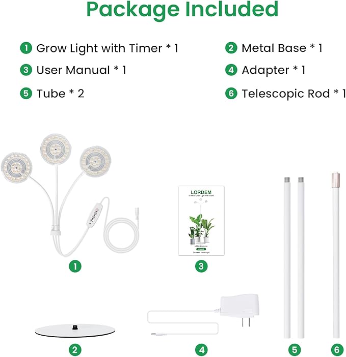 LORDEM Full Spectrum Plant Light for Indoor GrowingTri-Head Grow Light with Stand for Large PlantsAuto ON/Off Timer 6/8/12/16H 5 Dimmable Levels 20-70 inches Adjustable Height