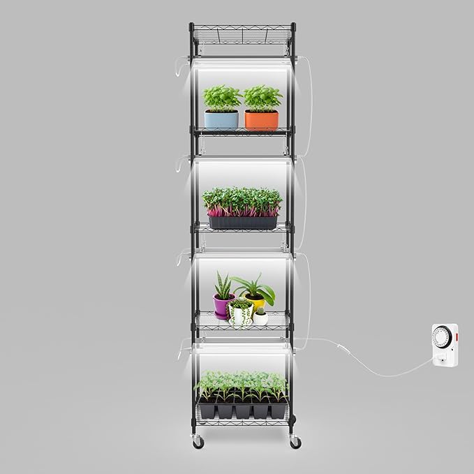 SOLIGT Plant Shelf with Grow Lights 5 Tier Grow Light Stand Rack with 8 Pack 16“ 6000K T5 Full Spectrum Led Grow Lights for Indoor Plants Seed Starting Seedling Growing Timer Included
