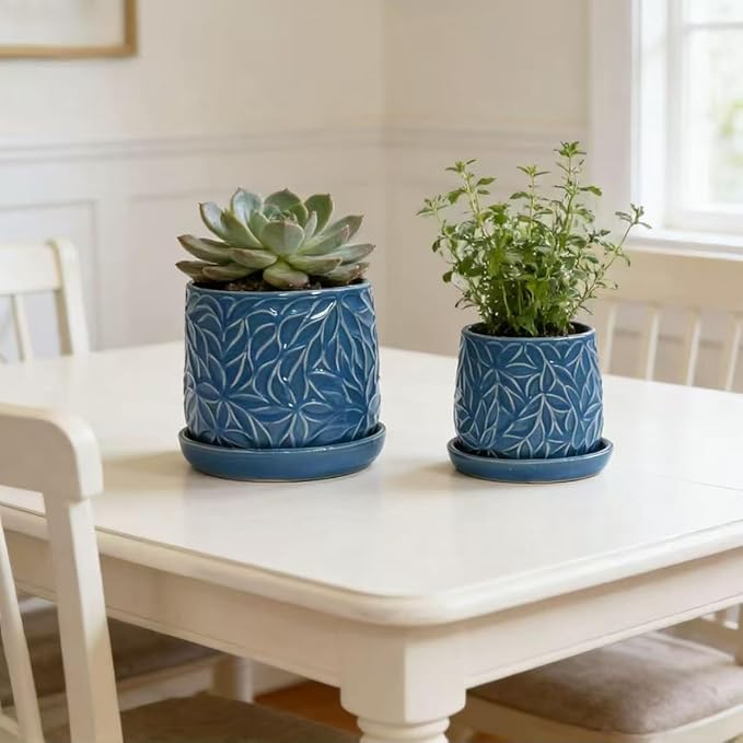 Handmade Ceramic Planter Set of 2 6 8 Diameter Deep Blue with Leaf Pattern for Succulents Herbs IndoorOutdoor Shelf Table Use Breathable Clay with Saucers