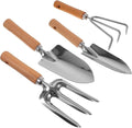 4pcs Gardening Hand Tools Set Wooden Handle Small Garden Shovel Wide Shovel Three-Prong Rake Planting Lawn Care