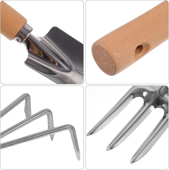 4pcs Garden Tool Set with Wood Handles – Small Hand Garden Shovel Pointed Trowel 3-Prong Rake and 3-Tooth Hoe for Planting and Yard Care