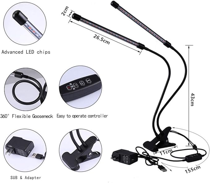 Double Head White Clip led New Double Tube Plant Growth lamp Full Spectrum Fill Light Table lamp