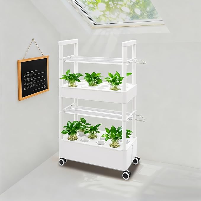 28-Hole Hydroponic Growing Kit 2-Tier Indoor Vertical Garden with 4 LED Grow Lights 7.39gal Dual Water Tanks Ip68 Pump Lockable Wheels Hydronic Growing Kit for Herbs Vegetables (White)