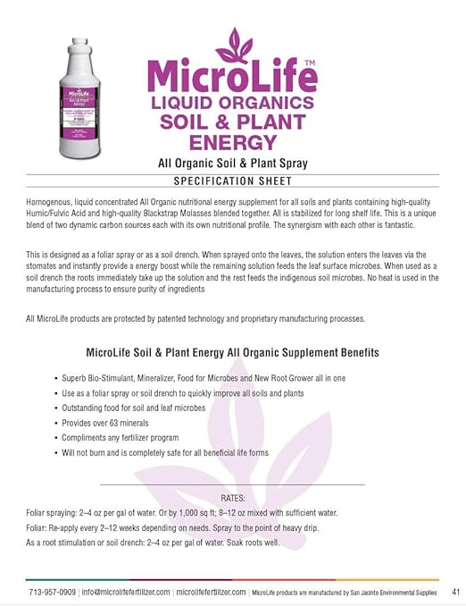 MicroLife Soil &amp Plant Energy Liquid Organic Concentrate Humic/Fulvic Acid &amp Molasses Foliar Spray or Root Stimulator 1 QT
