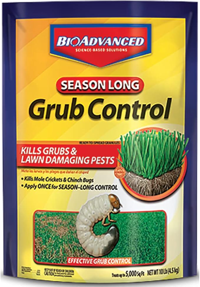 BioAdvanced Season Long Grub Control Granules - Kills Grubs Mole Crickets Cinch Bugs and More - Creates Protective Zone - 10 lb Bag
