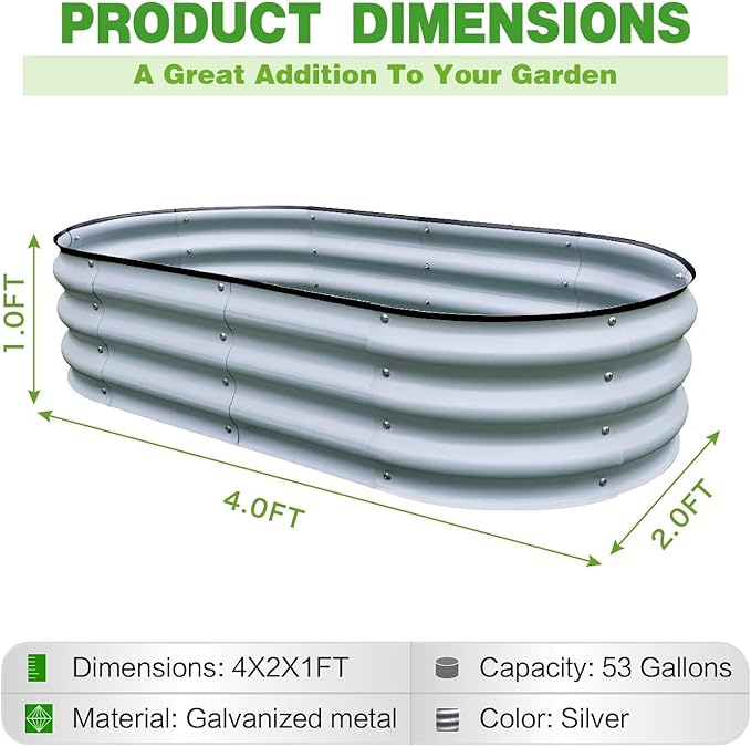 GrowHaus 4x2x1FT Galvanized Raised Garden Bed Planter Boxes Outdoor Metal Garden Beds for Planting Vegetables Flowers Herbs Silver