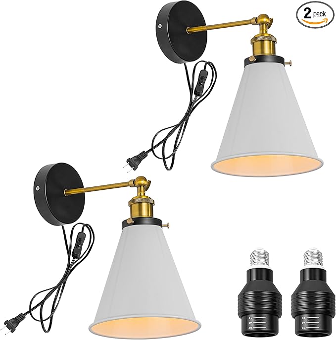 2-Pack Hook Mounted Plant Light Full Spectrum 4500K 10W Adjusted Light Beam Range 15-60 Degree Vintage White Cone Shade Wall Lamp for Indoor Plants Flowers Growing