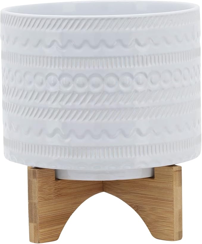 8 Tribal Planter W Wood Stand White
