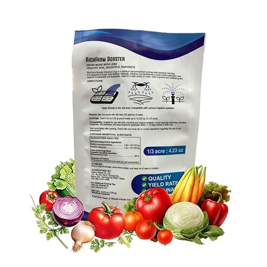 RichFarm Booster Root Stimulator for All Crops Works with Any Fertilizer or Plant Food Organic Billion Microbes Soil Conditioner Water-Soluble Plant Food additive 4.23 oz Cover 1/3 Acre