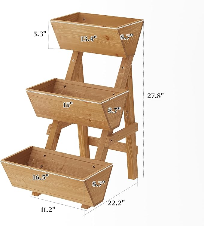 3-Tier Wooden Vertical Raised Garden Bed with Legs Tiered Planter Box Vertical Garden PlanterWood Plant Stand Wood Flower Rack for Patio Balcony Freestanding. (Brown-Small)
