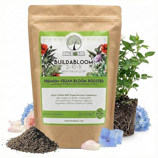 BuildASoil Vegan Bloom Booster &amp Flower Fertilizer - Plant Food for Organic Hydrangea Roses Hibiscus and Vegetables - Natural Soil Flower Food - Best Fertilizer for Vegetable Garden - 5 LB Bag