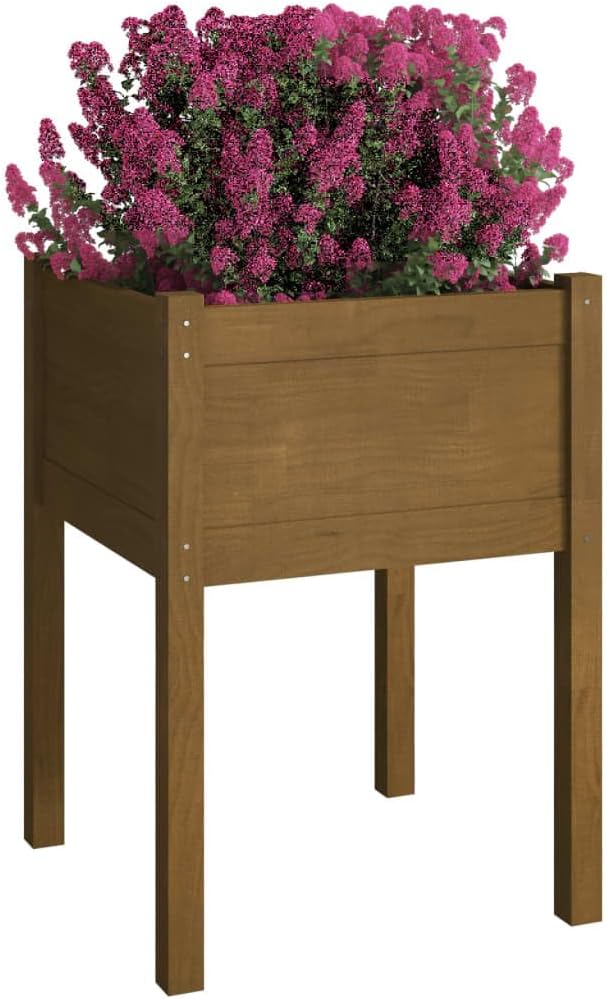 Solid Pinewood Planter Honey Brown 19.7x19.7x27.6 inch Square Outdoor Garden Bed Sturdy Raised Planter Box for Patio Balcony Terrace